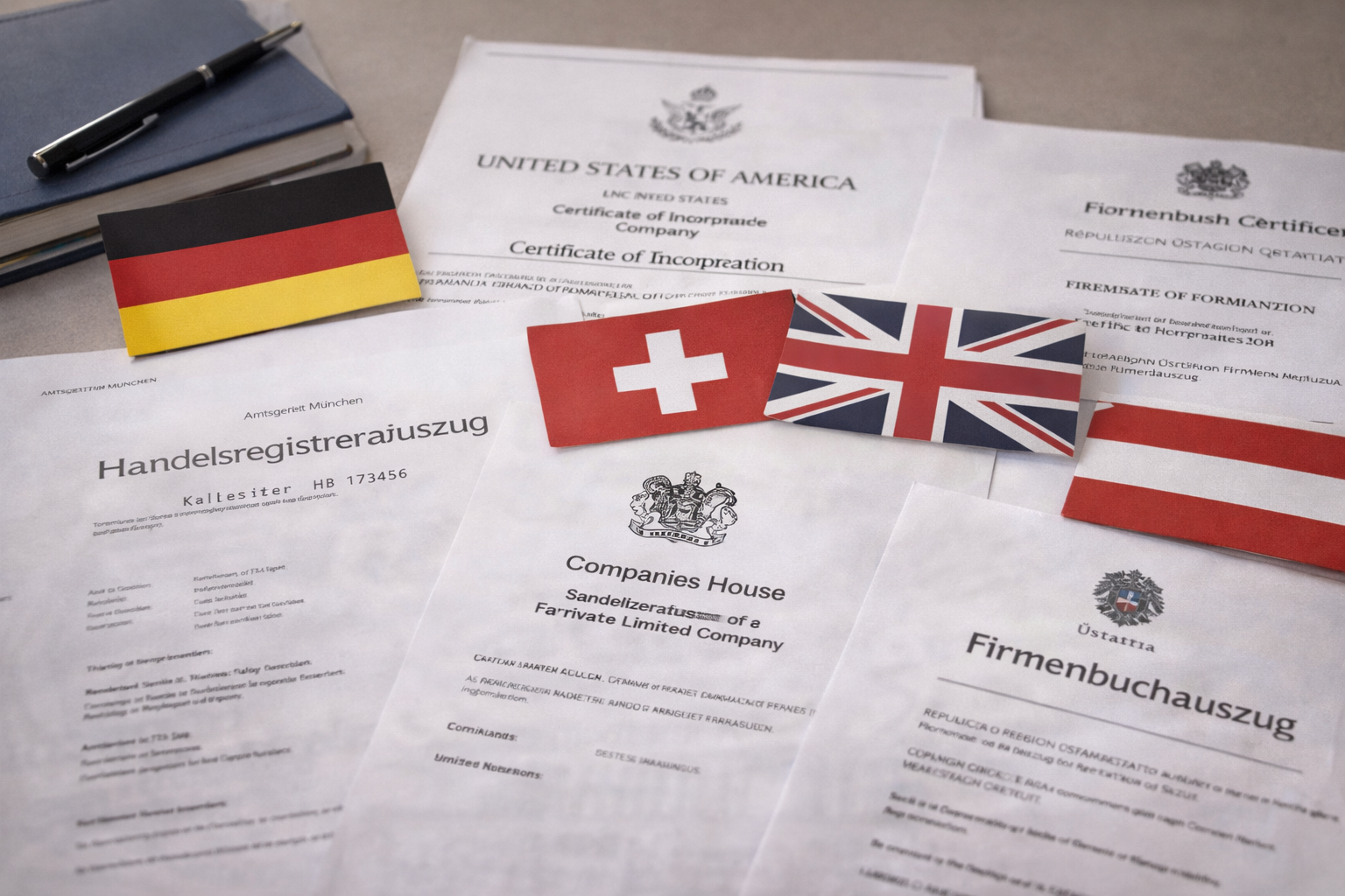 International company documents from Germany, UK, USA, Switzerland, and Austria
