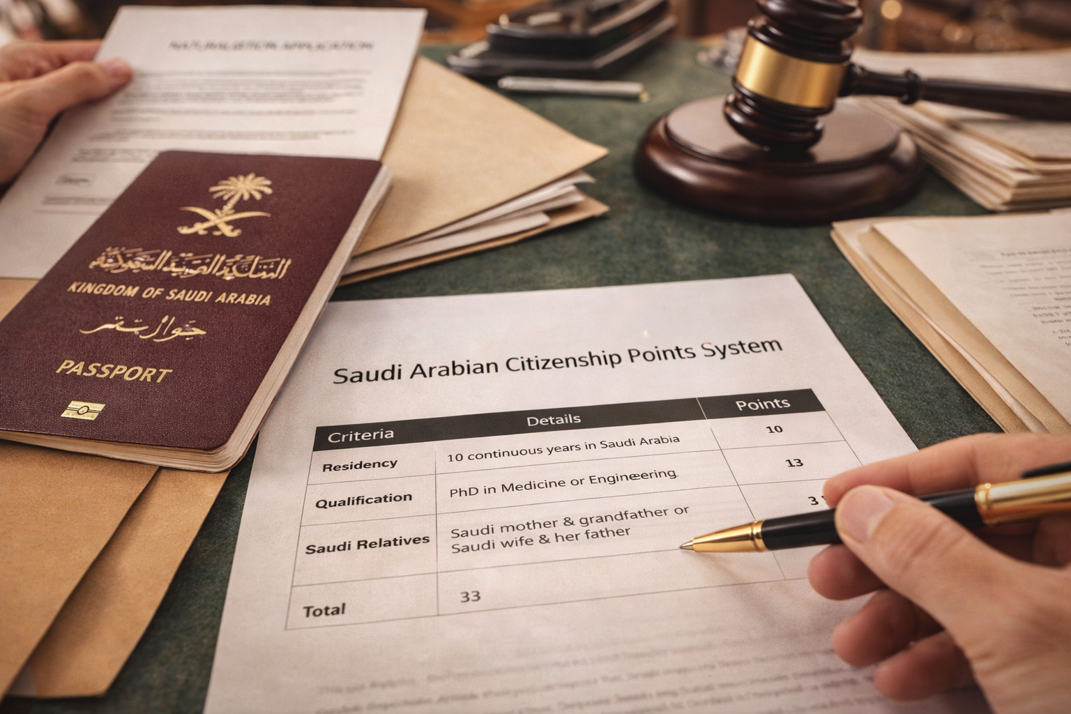 Übersicht zum saudischen Einbürgerungs-Punktesystem: 33 Punkte, Schwelle 23